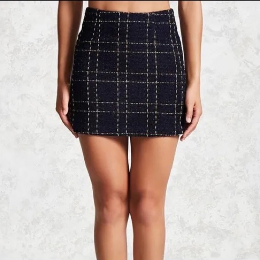 FOREVER21 | Women’s High Waist Tweed Plaid Navy with Gold  Stitching Size S